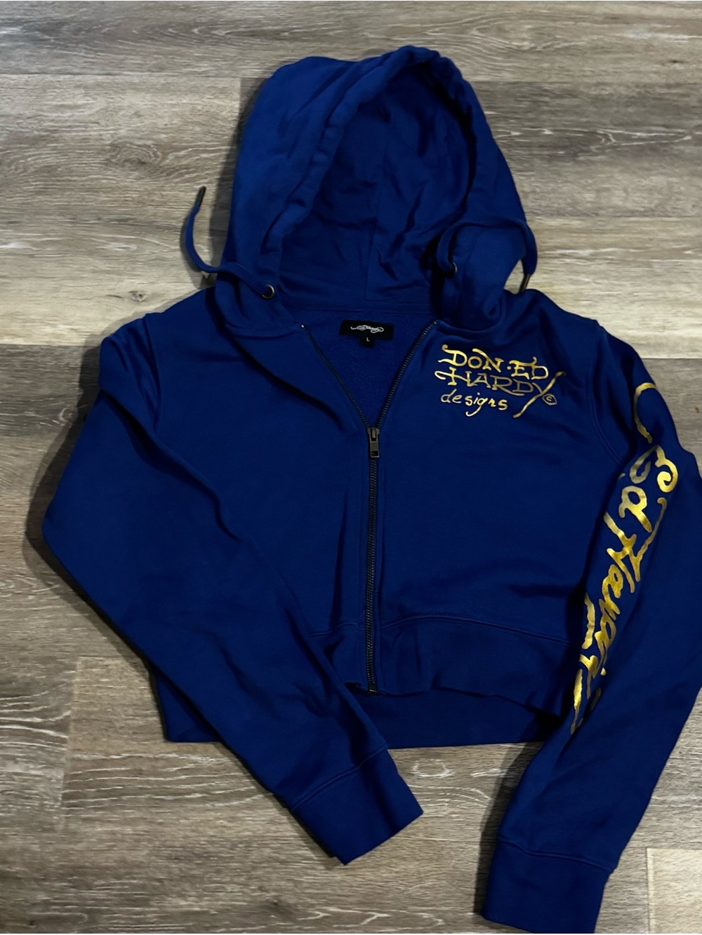 Ed Hardy Blue Zip Hoodie with Gold Script